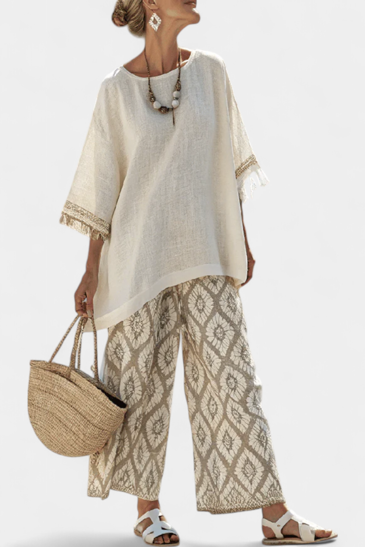 Kompletny Boho Chic Daisy: Długa Koszula i Spodnie z Wydrukiem dla Unikalnego Stylu