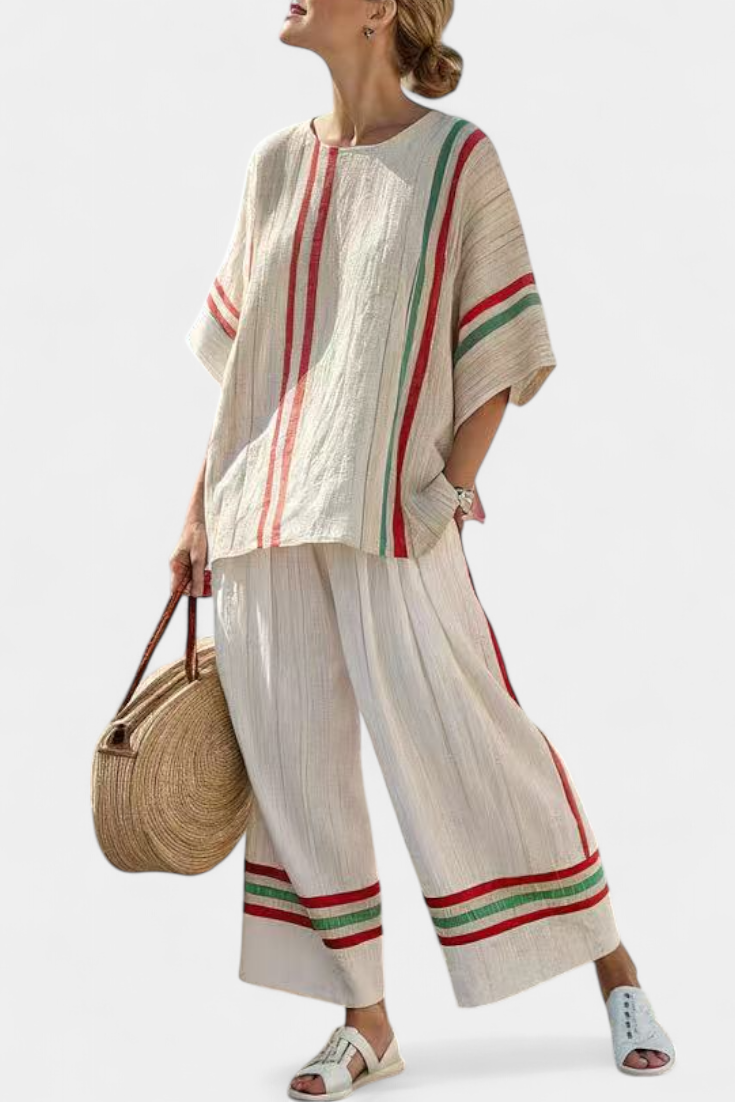 Komplet Mediterrańskiej Daisy z lnu bambusowego w eleganckie czerwono-zielone paski