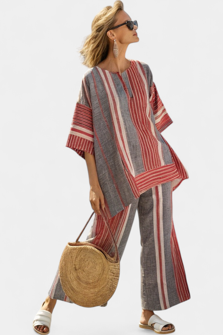 Kompletny Oversized Daisy z Lnu z Korali i Szarymi Paskami, Nowoczesny i Wygodny Styl