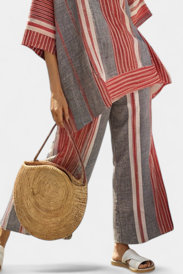 Kompletny Oversized Daisy z Lnu z Korali i Szarymi Paskami, Nowoczesny i Wygodny Styl