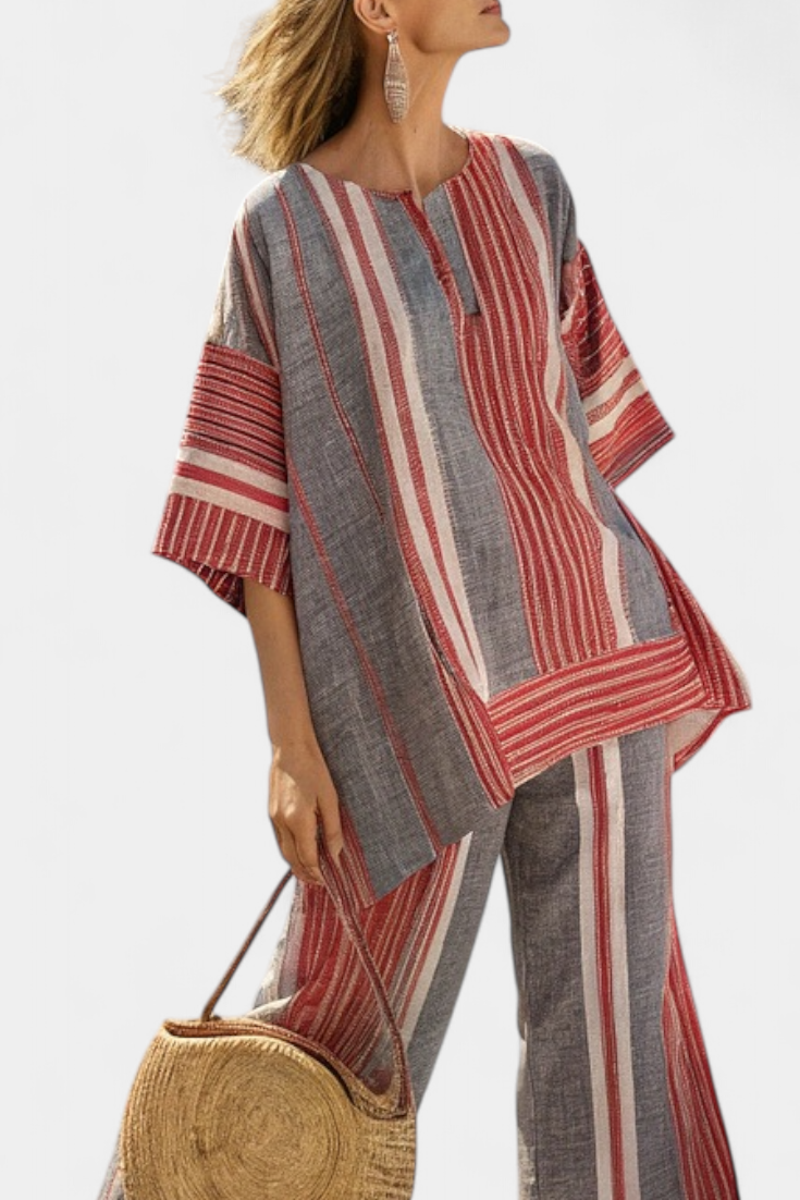 Kompletny Oversized Daisy z Lnu z Korali i Szarymi Paskami, Nowoczesny i Wygodny Styl