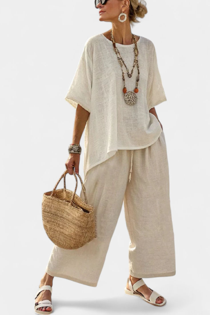Komplet Minimalistyczny Daisy w surowych tonach z oversize'ową bluzką i szerokimi spodniami dla prostego i eleganckiego stylu
