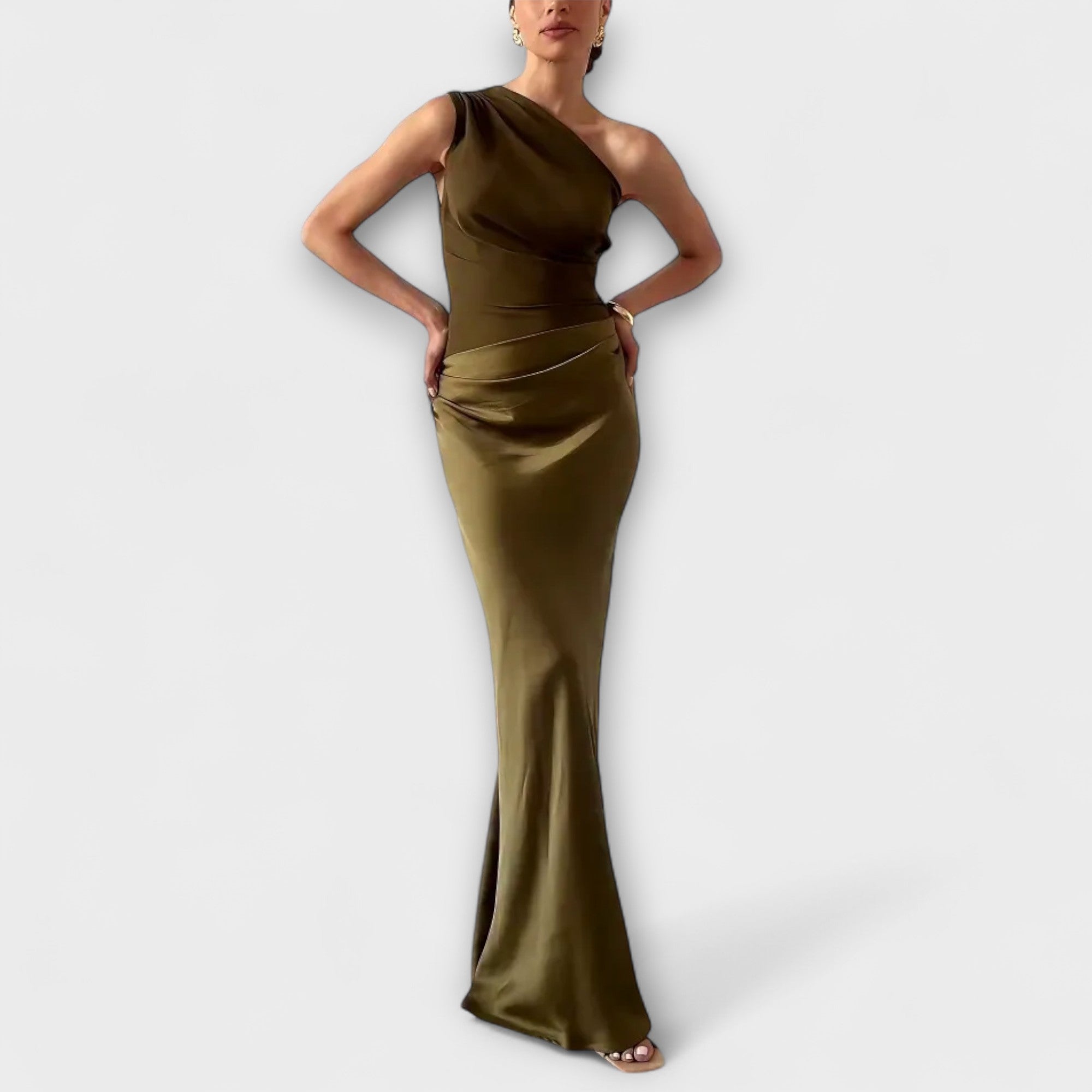 Emilia | Elegancka Maxi Sukienka na Jedno Ramię z Faldami