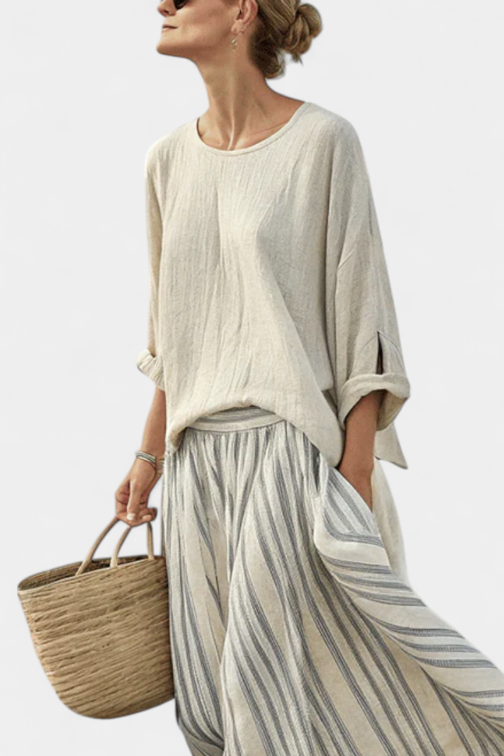 Komplet Casual Daisy z Oversized Bluzą i Paskową Midi Spódnicą z Lnu Bambusowego dla Eleganckiego i Wygodnego Stylu