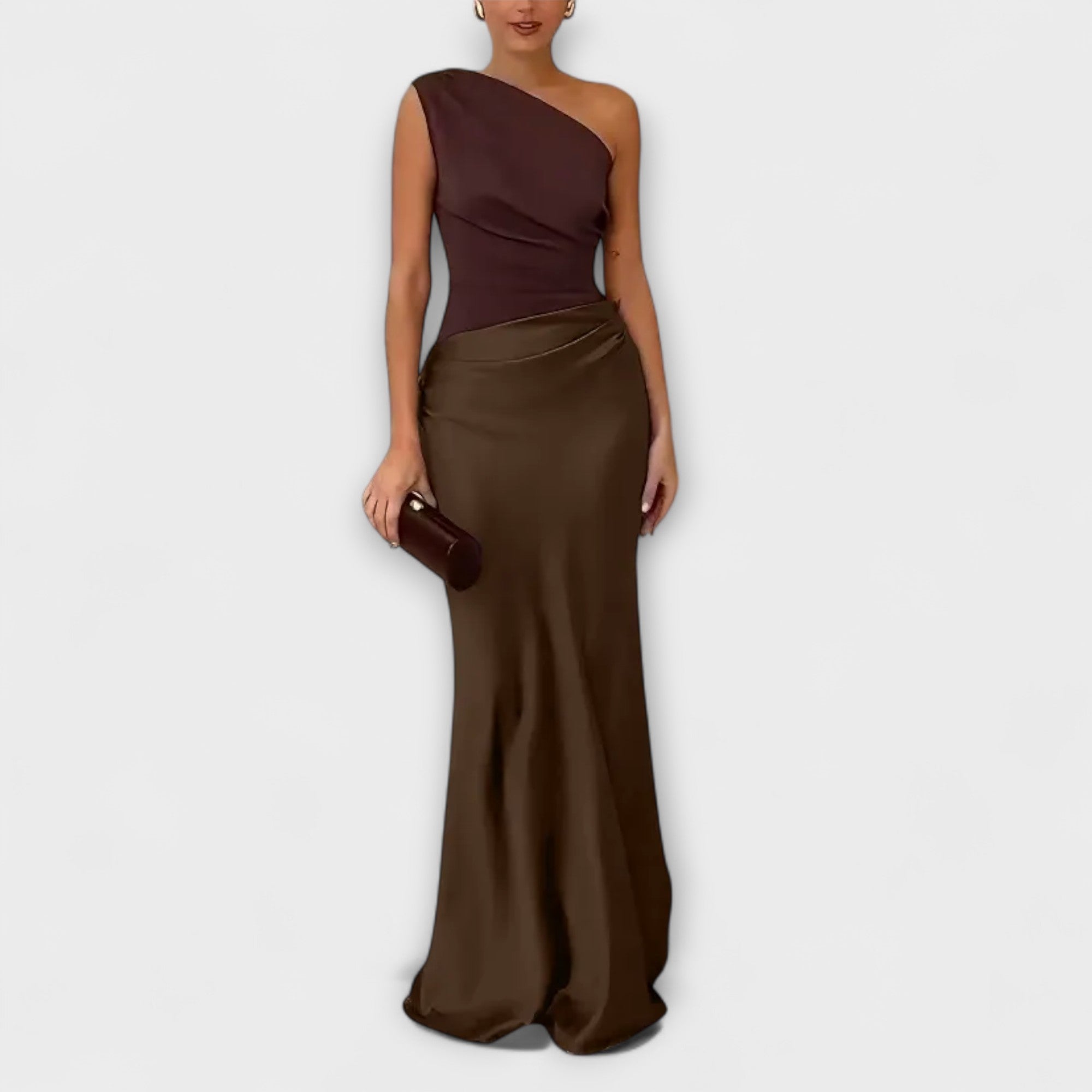 Emilia | Elegancka Maxi Sukienka na Jedno Ramię z Faldami