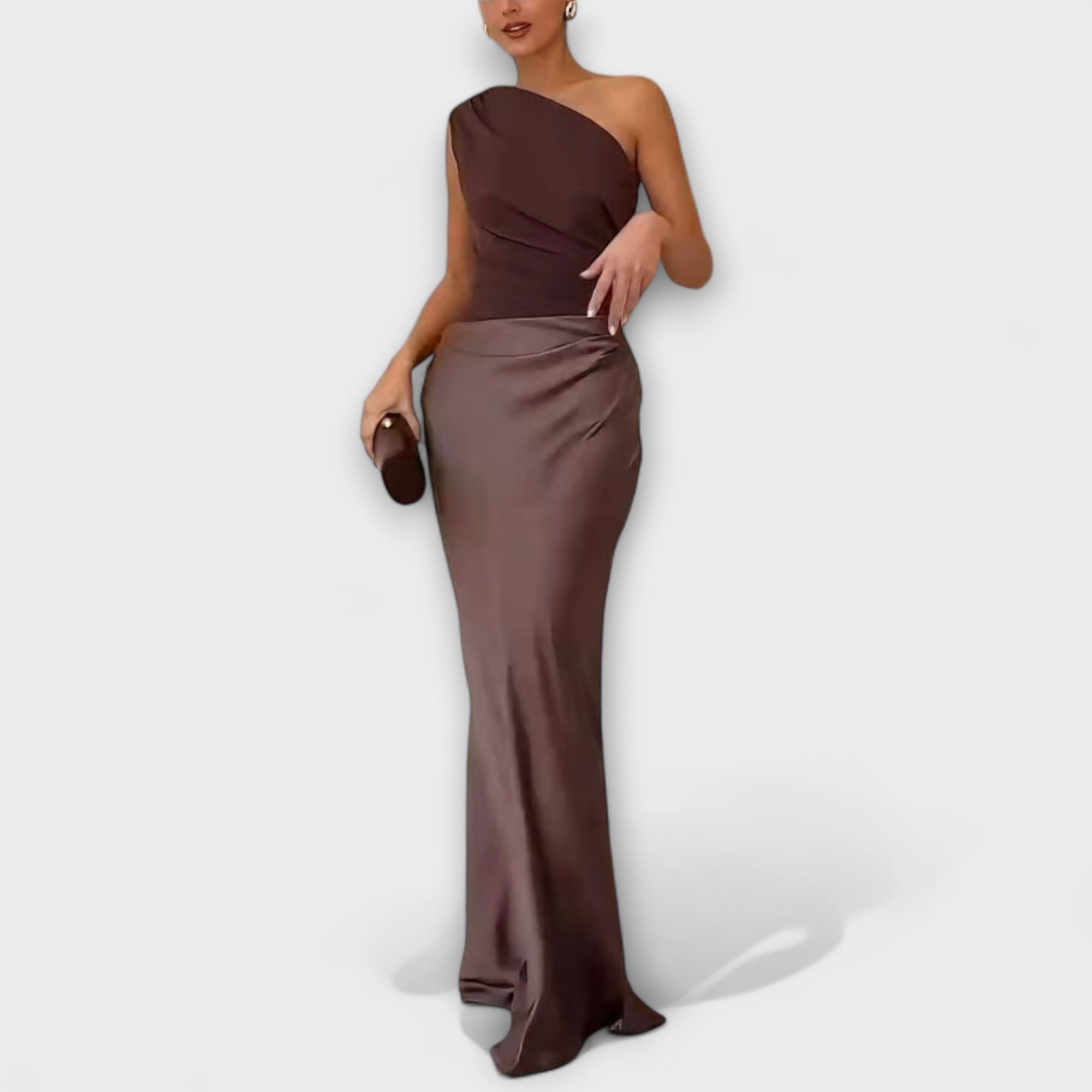 Emilia | Elegancka Maxi Sukienka na Jedno Ramię z Faldami