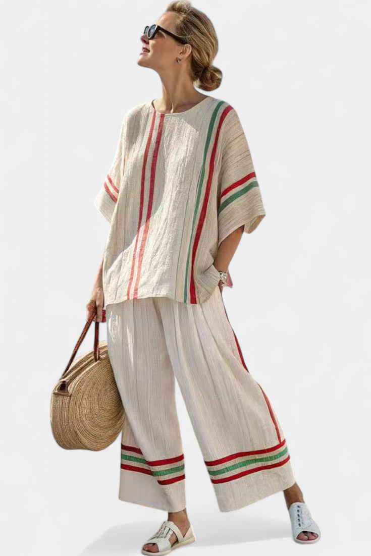 Komplet Mediterrańskiej Daisy z lnu bambusowego w eleganckie czerwono-zielone paski