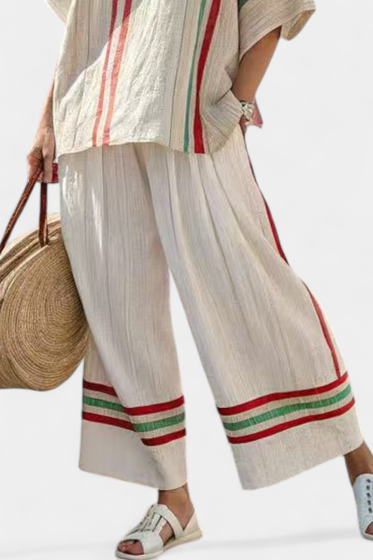 Komplet Mediterrańskiej Daisy z lnu bambusowego w eleganckie czerwono-zielone paski