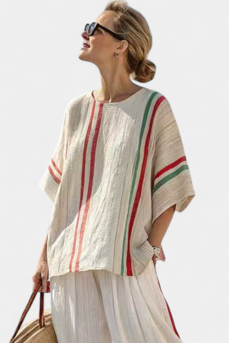 Komplet Mediterrańskiej Daisy z lnu bambusowego w eleganckie czerwono-zielone paski