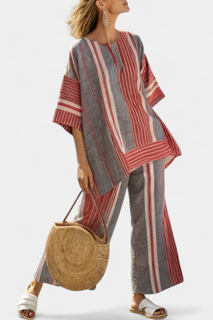 Kompletny Oversized Daisy z Lnu z Korali i Szarymi Paskami, Nowoczesny i Wygodny Styl