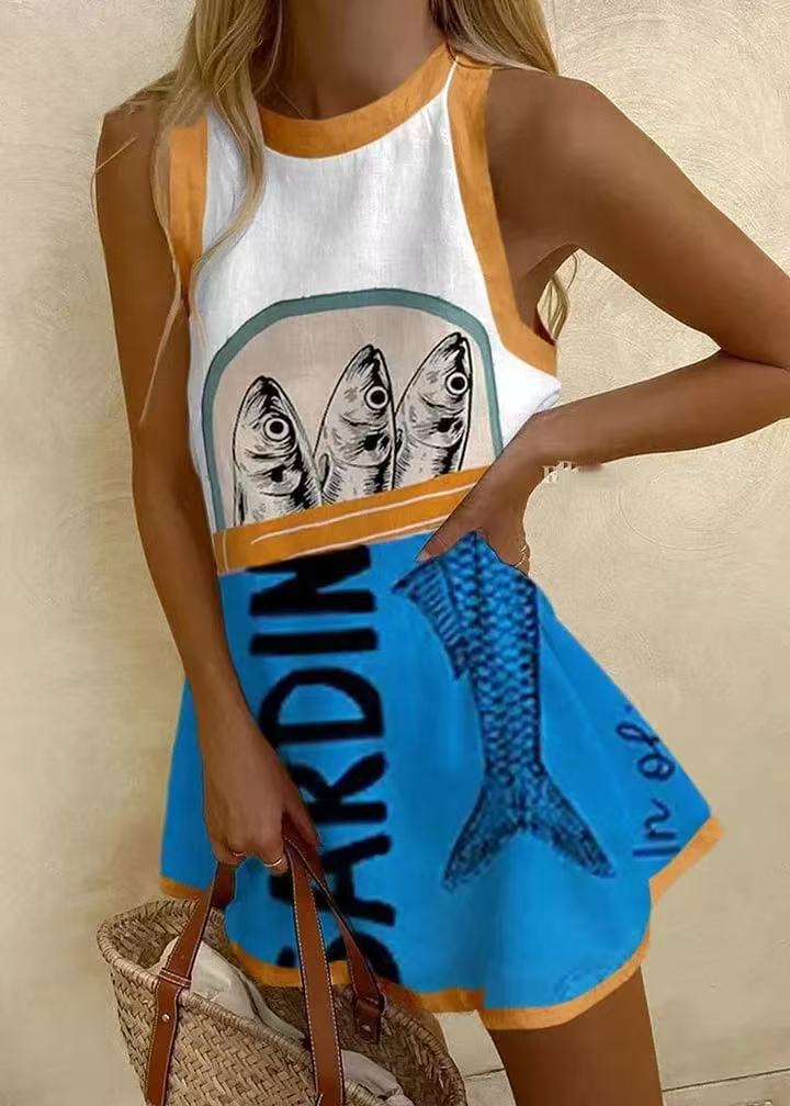 Isoria™ | Sukienka Mini w Niebieskim Wzórze