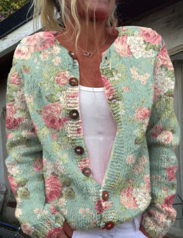Debrah | Elegancki zielony kardigan z kwiatowym nadrukiem
