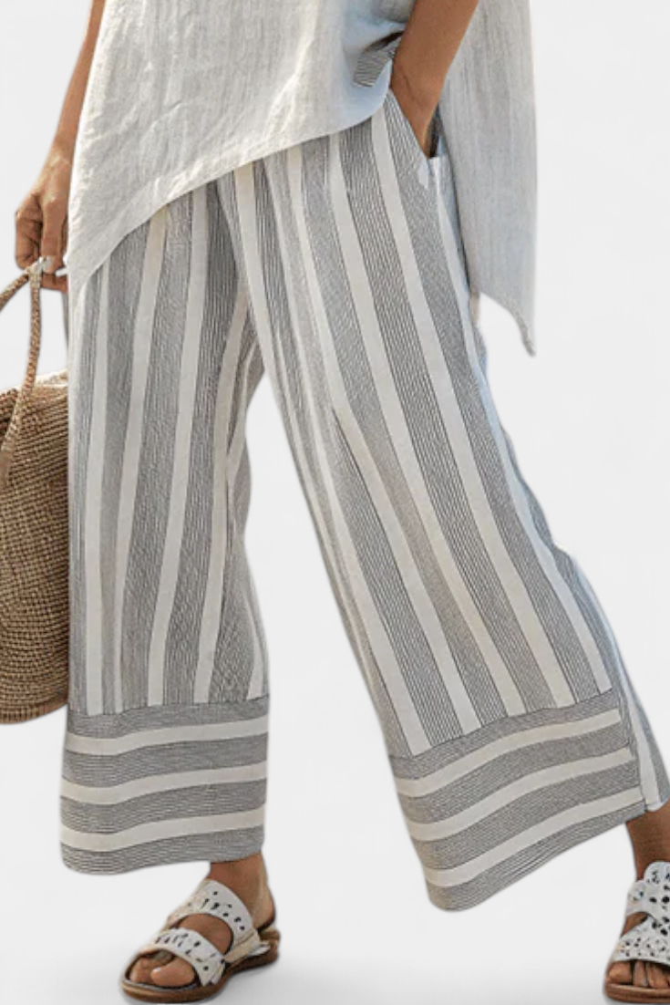 Daisy Komplet z Asymetryczną Bluzką i Spodniami w Paski dla Nowoczesnego i Eleganckiego Stylu