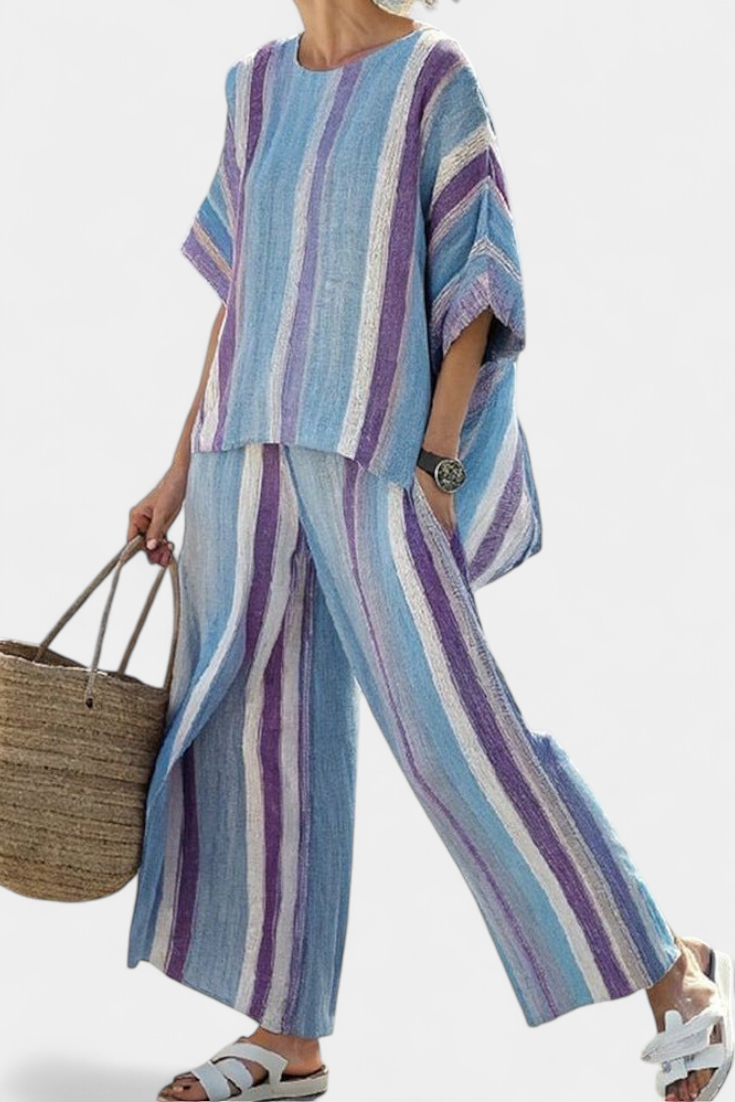 Elegancki zestaw Daisy w paski w odcieniach mauve i pastelowego niebieskiego dla wyrafinowanego wyglądu