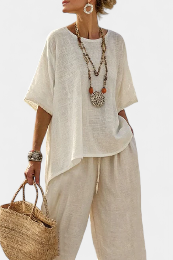 Komplet Minimalistyczny Daisy w surowych tonach z oversize'ową bluzką i szerokimi spodniami dla prostego i eleganckiego stylu